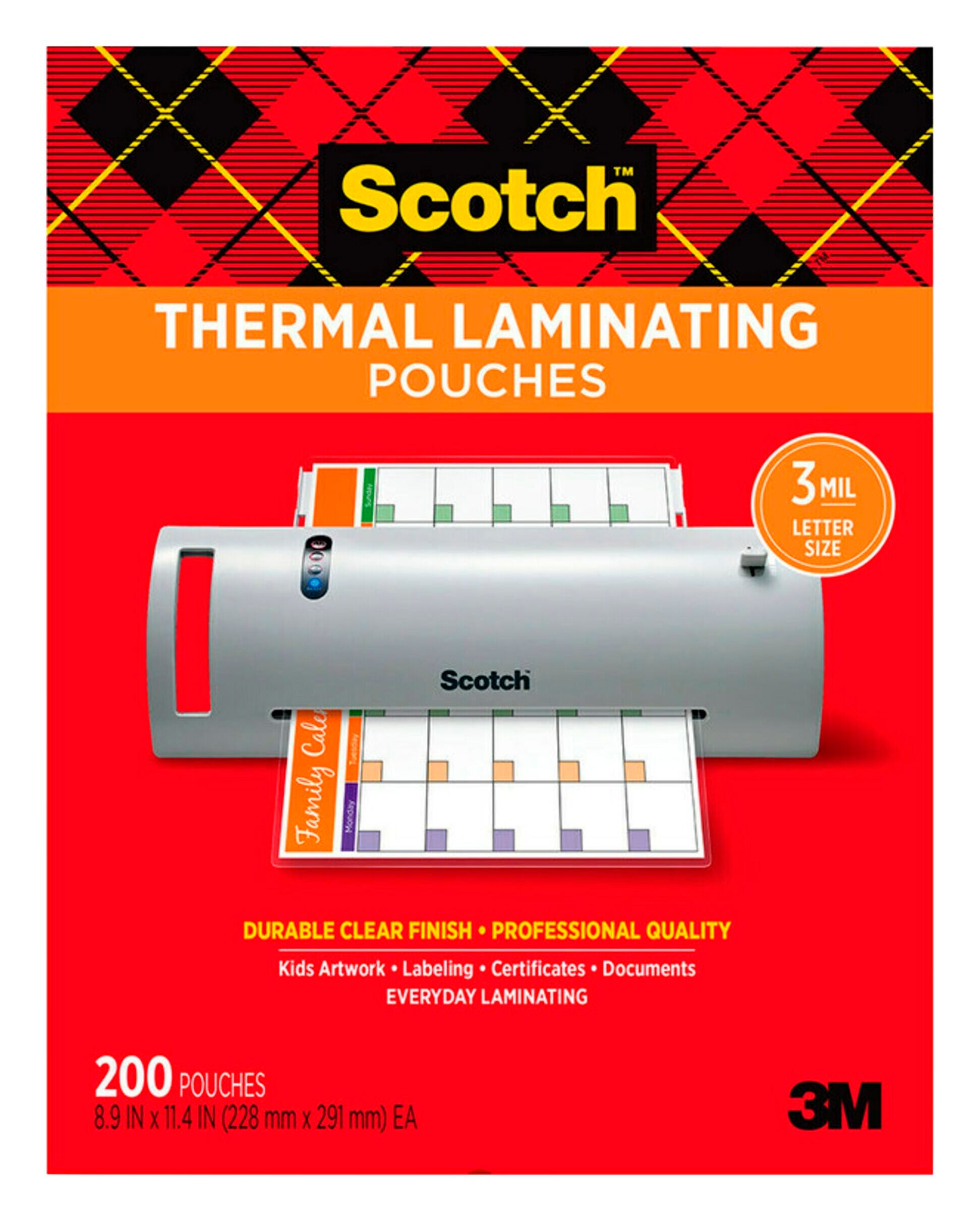 Scotch Thermal Laminating Pouch, 8-9/10 x 11-2/5 Inches, 3 mil Thick, Pack of 200, Item Number 1465297